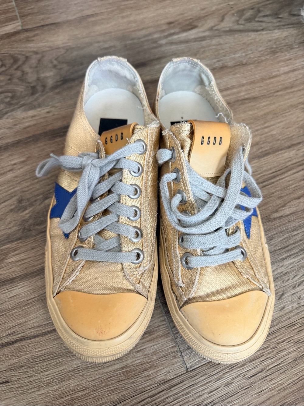 Golden Goose Gold Canvas Sneakers with Blue Star